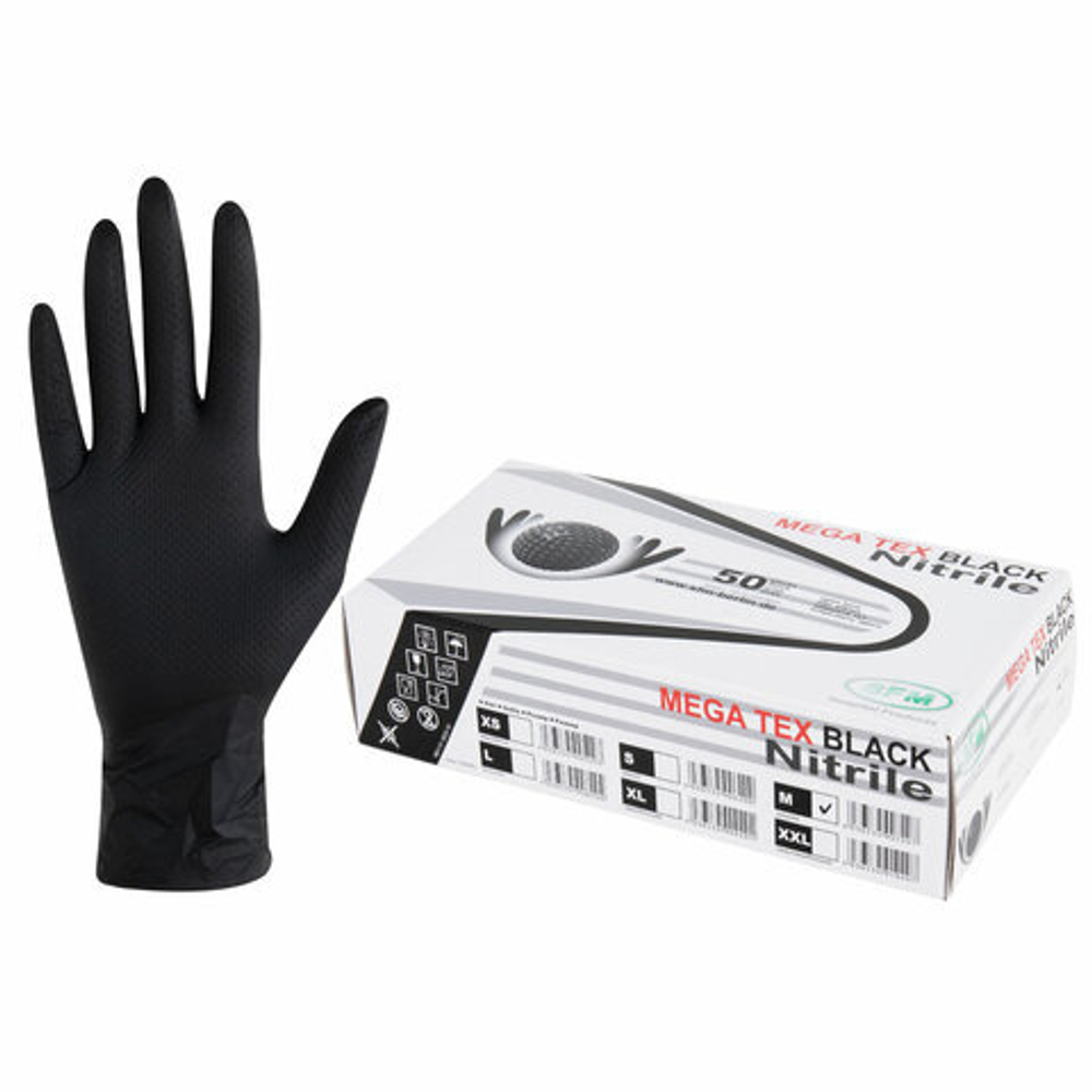 Перчатки нитриловые сверхпрочные с текстурой SFM MEGA TEX BLACK 25 пар (50 штук), размер M (средний).