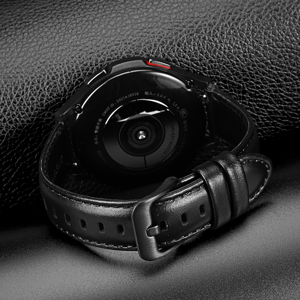Ремешок из натуральной кожи черного цвета от Dux Ducis для смарт часов Samsung Galaxy Watch 3, 4, 5, 6 и 7 (размер крепления 20мм), серия Business Series