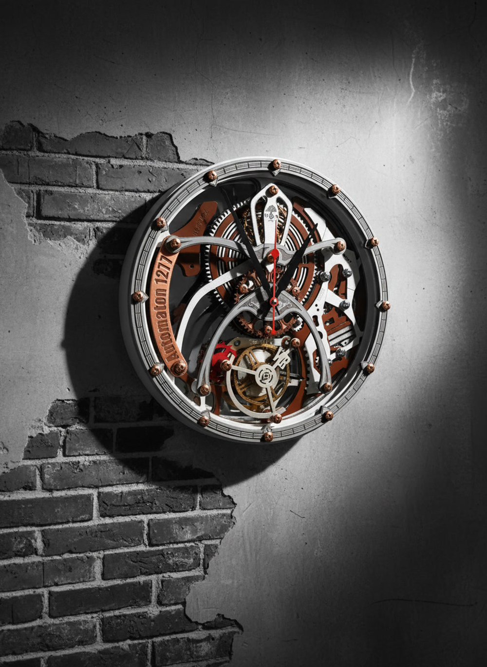 Настенные часы WOODandROOT Automaton 1277 Tourbillon с турбийонным дизайном на бетонной стене с контрастным светом и кирпичной фактурой.