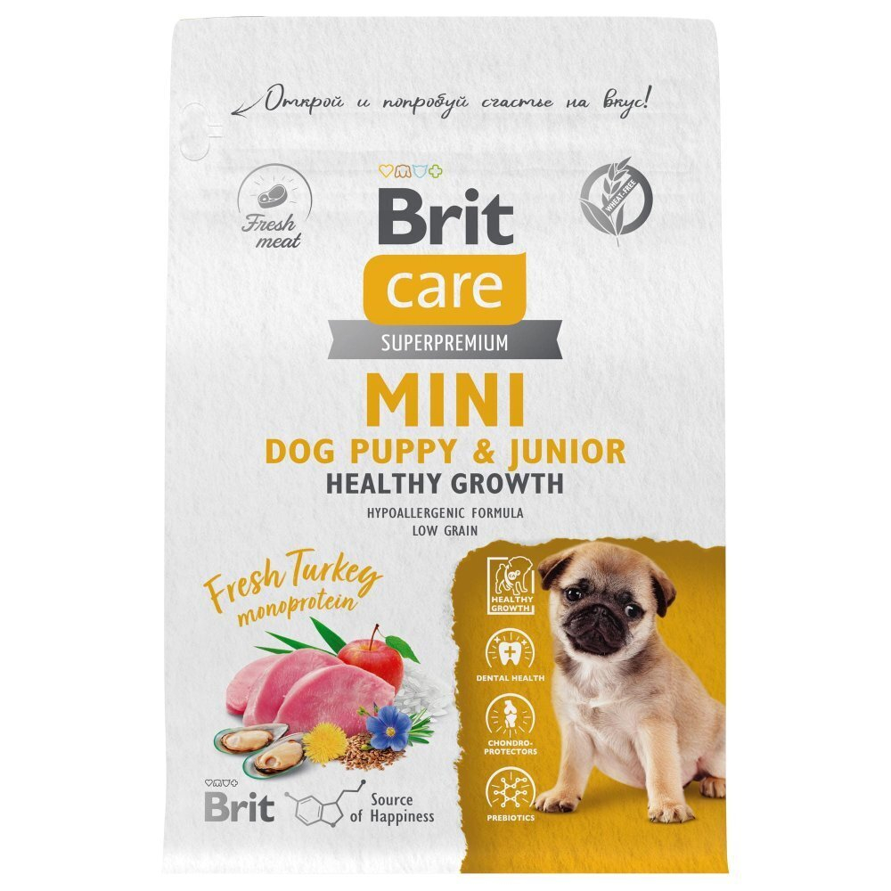 Корм для собак сухой BRIT CARE Mini с индейкой для щенков и беременных и кормящих собак мини пород Puppy&Junior.Healthy Growth 1,5 кг