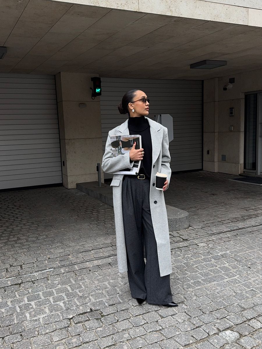 Пальто из смесовой шерсти однобортное серое