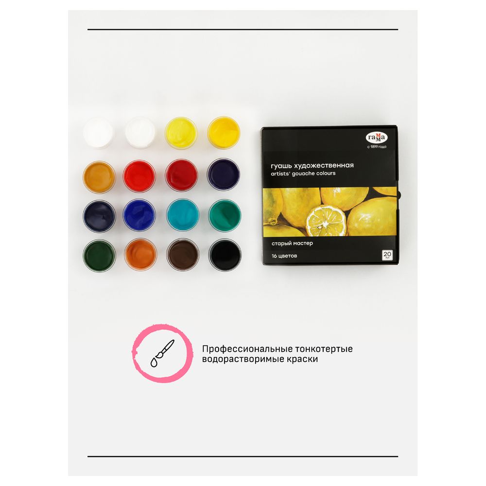 Гуашь художественная 16 цветов по 20мл, Гамма Старый мастер
