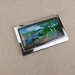 Визитница металлическая персональная "Русские березки" (ручная роспись Палех)