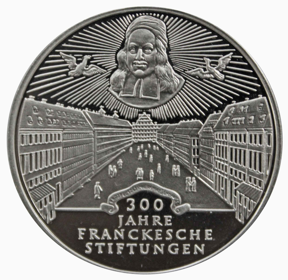 10 марок. 300 лет Франкскому благотворительному фонду (G). Серебро. 1998 г. PROOF. В родной запайке