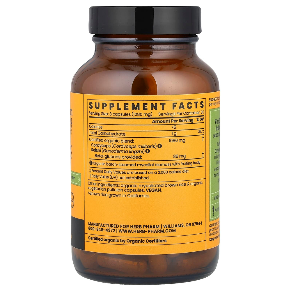 Herb Pharm, Mushroom Wellness ™, кордицепс, смесь с рейши, 90 вегетарианских капсул