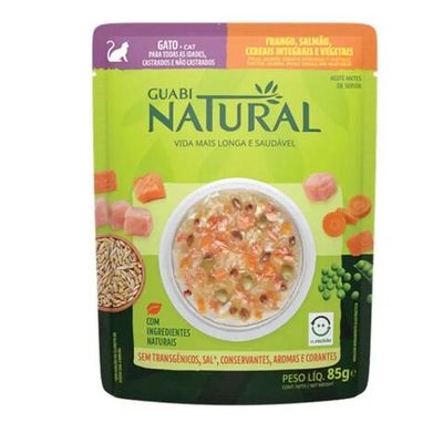 Влажный корм Guabi Natural Cat для взрослых кошек с курицей, лососем, цельнозерновыми злакими и овощами, Пауч 85 г