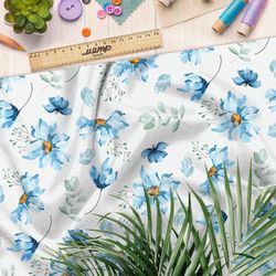 Ткань лен голубые лёгкие цветы