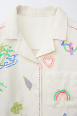 ZARA РУБАШКА ИЗ СМЕСОВОГО ЛЬНА С ВЫШИВКОЙ, ЭКРЮ