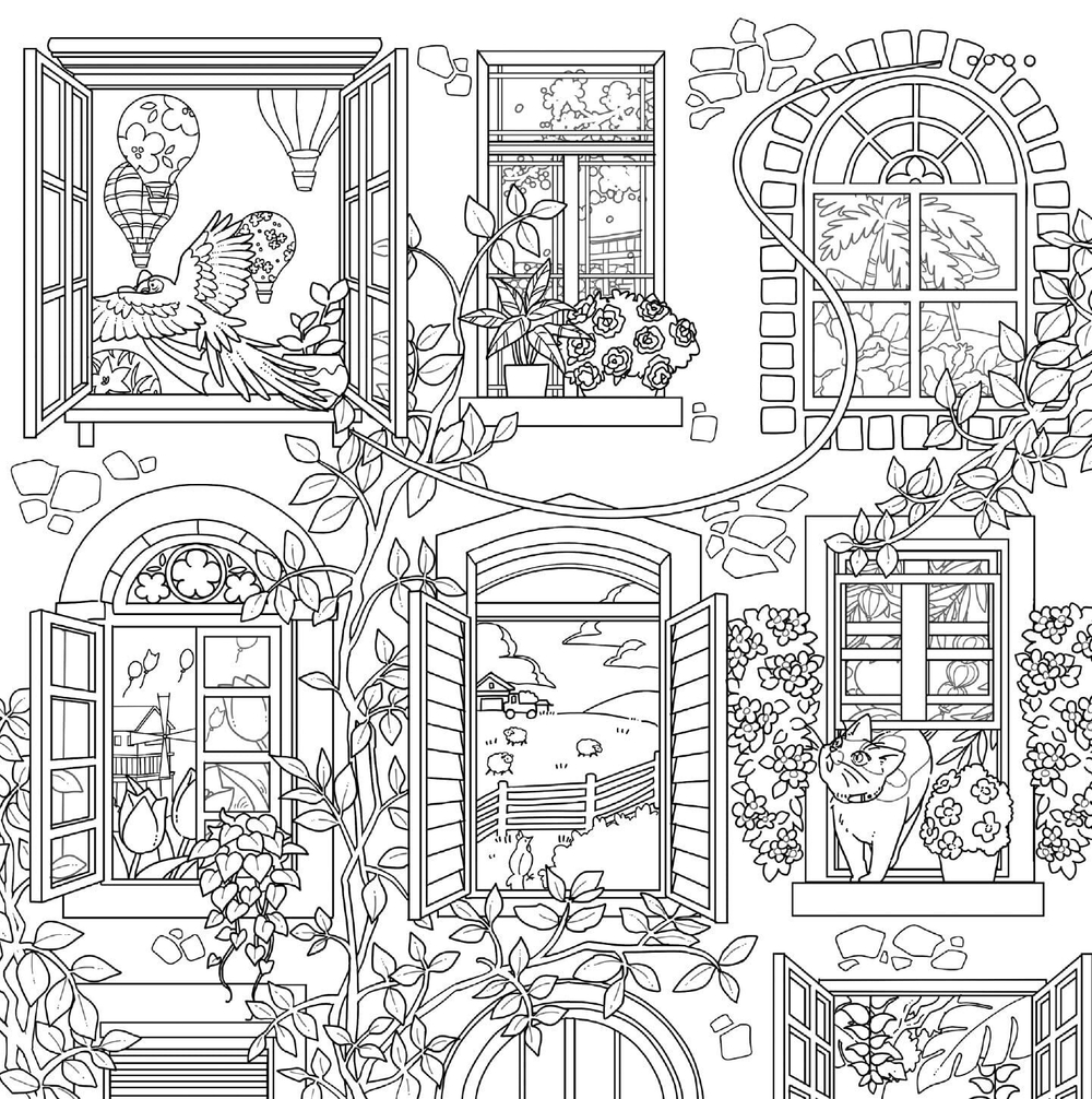 A floral journey of a cat seeking the joyful bell. Coloring Book