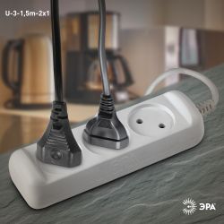 Удлинитель электрический ЭРА U-3-1,5m-2x1 без заземления 3 розетки 1,5м ПВС 2x1мм2 10А | Электротовары