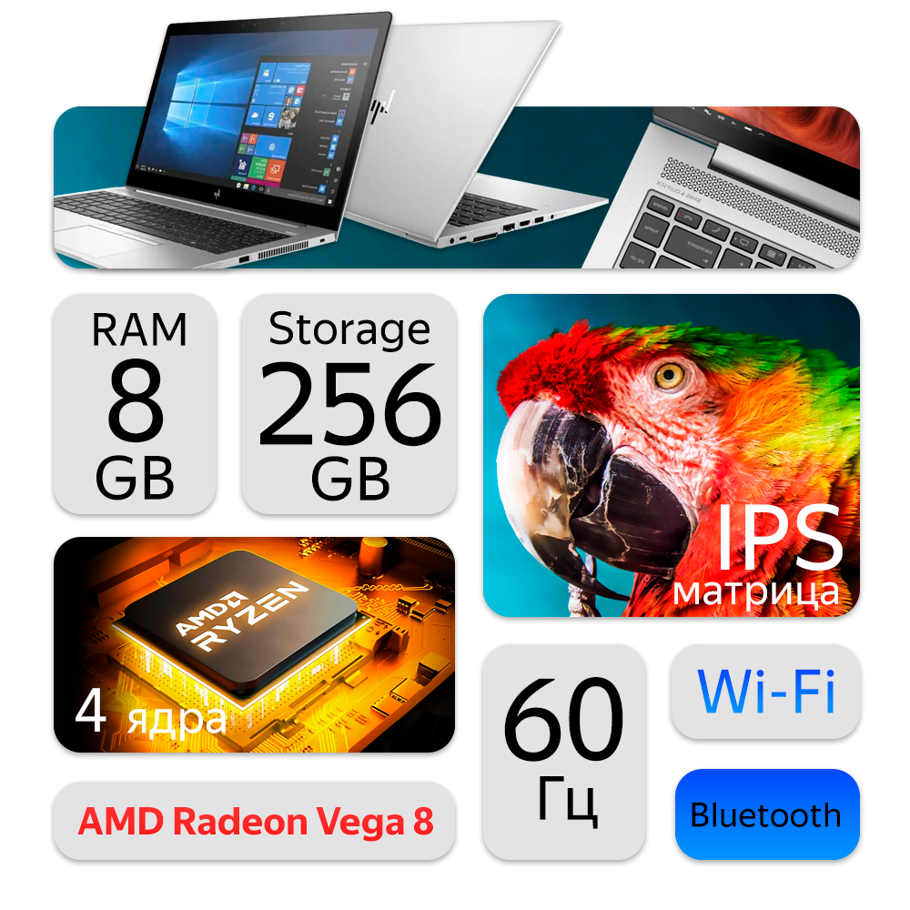 15.6" Ноутбук HP EliteBook 755 G5 (1920x1080, AMD Ryzen 5 PRO 2500U, RAM 8ГБ, SSD 256ГБ, AMD Radeon Vega 8, Win 10 Pro)