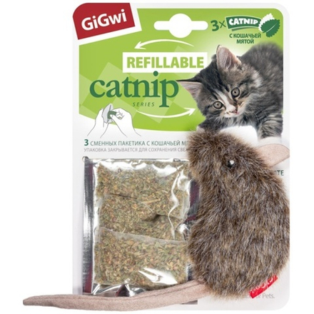 Gigwi REFILLABLE CATNIP Игрушка для кошек Мышка с кошачьей мятой 10см