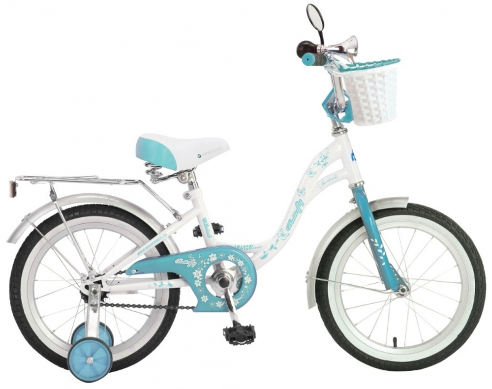 Велосипед NOVATRACK 20", BUTTERFLY, белый-бирюзовый, тормоз ножной, крылья цвет., багажник, передняя