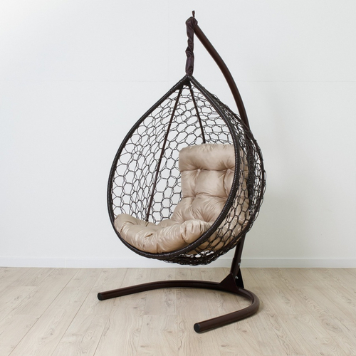 Кресло подвесное кокон ЛЕПЕСТОК Венге, ажур, подушка серая, 57038