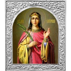 Святая Екатерина. Маленькая икона в серебряной раме. 4,5 х 5,5 см.