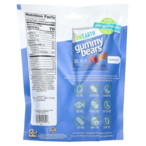 YumEarth, жевательные мишки без глютена, со вкусом клубники, вишни, манго и персика, 5 порционных пакетиков по 19,8 г (0,7 унции)