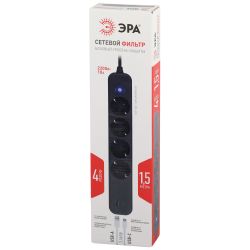 Сетевой фильтр ЭРА USF-4es-1,5m-2xUSBAC-B с базовой защитой с заземлением с выкл. 4 розетки+2xUSBA+C 2,4A 1,5м 10А | Сетевые фильтры