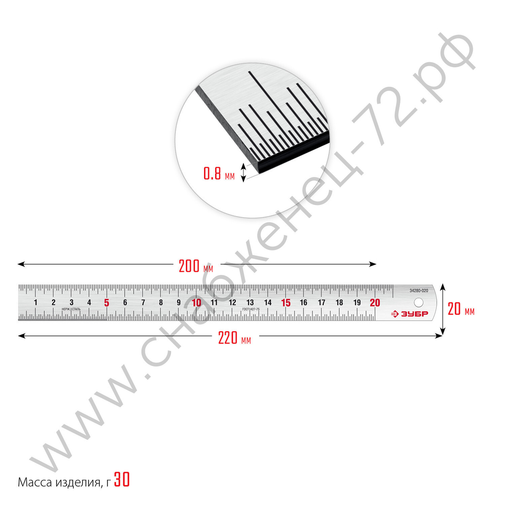 ЗУБР Про-20, длина 0.20 м, усиленная нержавеющая линейка, Профессионал (34280-020)
