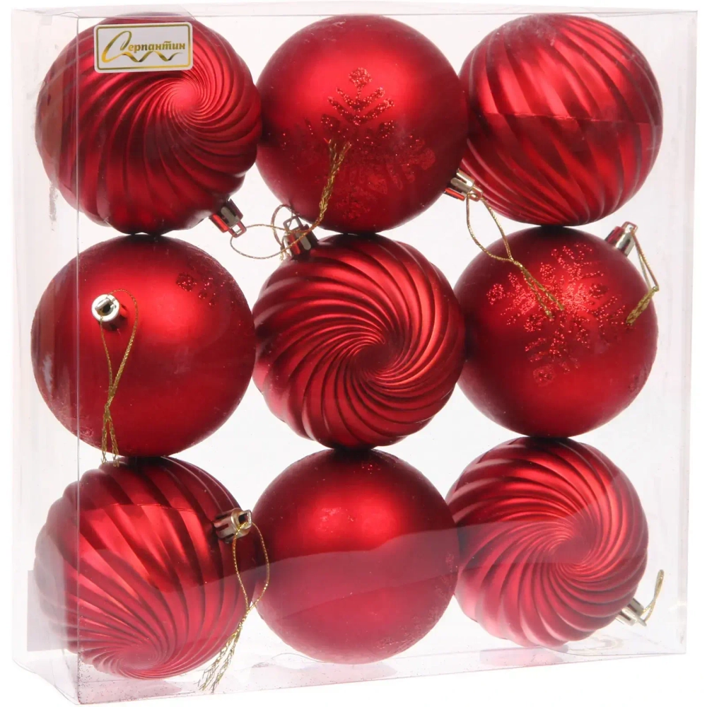 Новогодние шары «Изящные узоры» 8 см (набор 9 шт), Красный