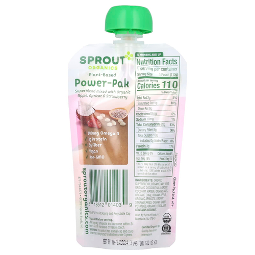 Sprout Organics, Power Pak, от 12 месяцев и старше, яблоко, абрикос и клубника, 113 г (4 унции)