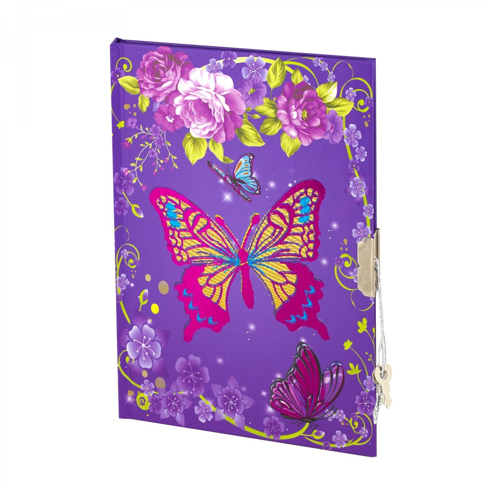 Блокнот 13,0 см * 19,0 см , 7БЦ, Alingar, ламинация, фольга, замочек, 40 л., линия, "Яркая бабочка", сиреневый