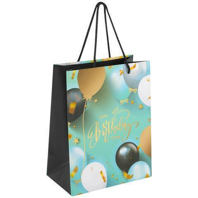 Пакет подарочный 18x10x23см. "Happy Birthday" фольга, бирюзовый (Золотая сказка)