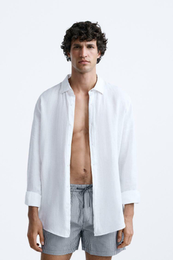 ZARA ПЛАВКИ ИЗ ЖАТОЙ ТКАНИ В МЕЛКУЮ ПОЛОСКУ, СЕРО-СИНИЙ