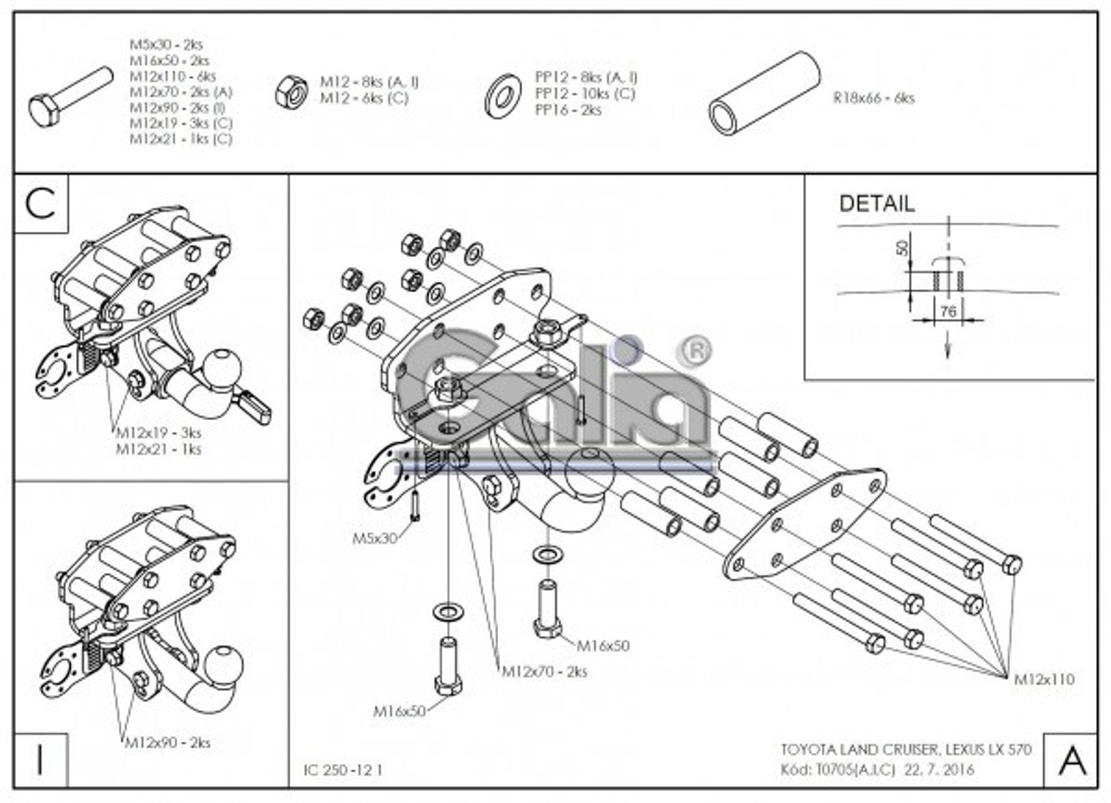 Фаркоп оцинкованный Galia T070C для Toyota Land Cruiser 200 2008-, Lexus LX 2008-(паспорт и сертификат в комплекте)(без электрики)