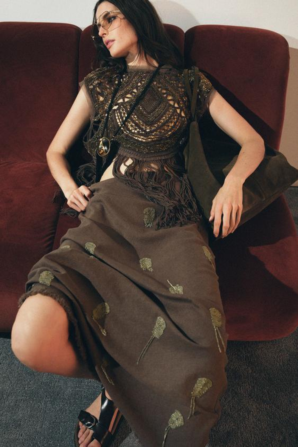 ZARA ЮБКА С ВЫШИВКОЙ И ЛЬНОМ — ZW COLLECTION, СЕРЫЙ МЕЛАНЖ