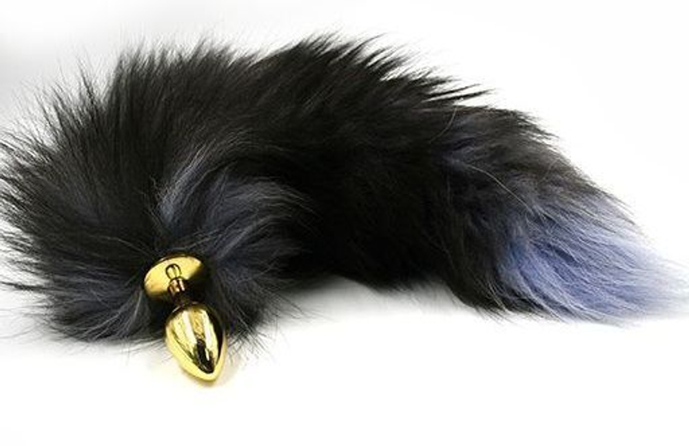 Золотистая алюминиевая анальная пробка с чёрным хвостом из натурального меха (Цвет: черный)