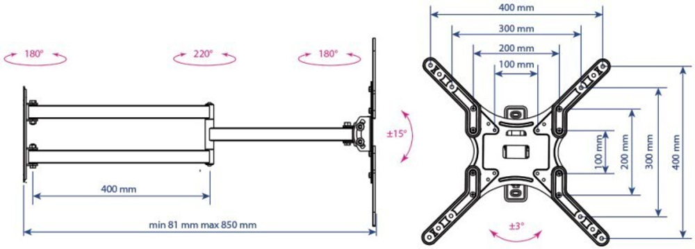 Кронштейн для телевизора Kromax DIX-25 черный 24;-55; макс.20кг настенный поворотно-выдвижной и наклонный