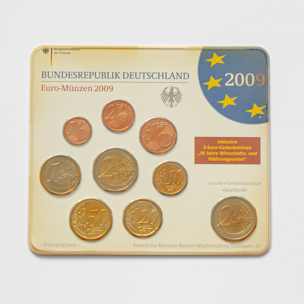 Germany 2009 Year Set (F: Stuttgart) + 2 x 2 Euro: "Ludwigskirche in Saarbrücken" and "10th Anniversary of Economic and Monetary Union"