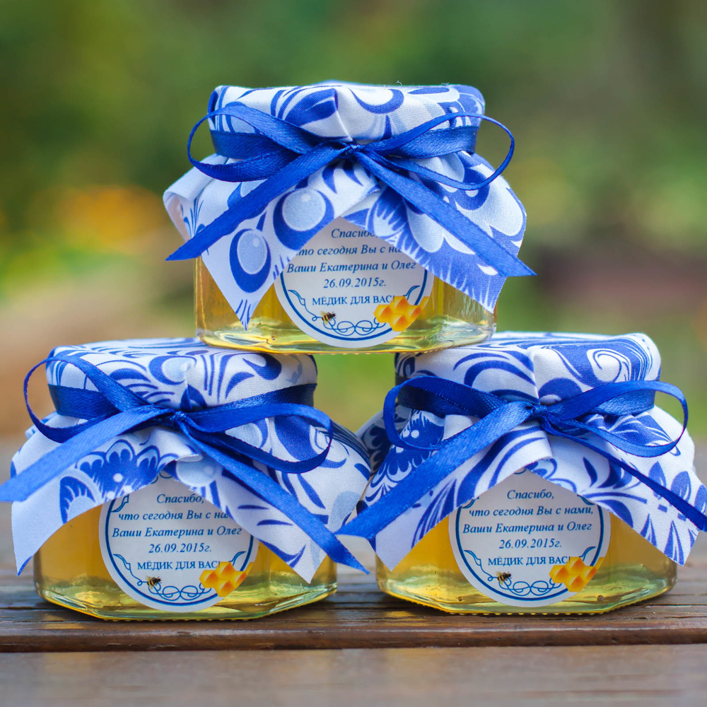Бонбоньерка с медом на свадьбу, 140 грамм, стиль "Гжель"