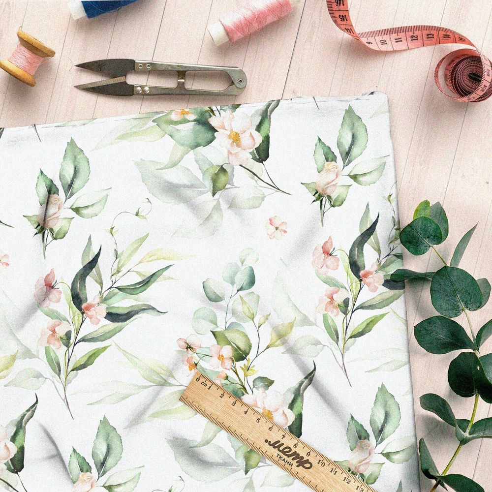 Ткань интерлок акварельные листья с цветами