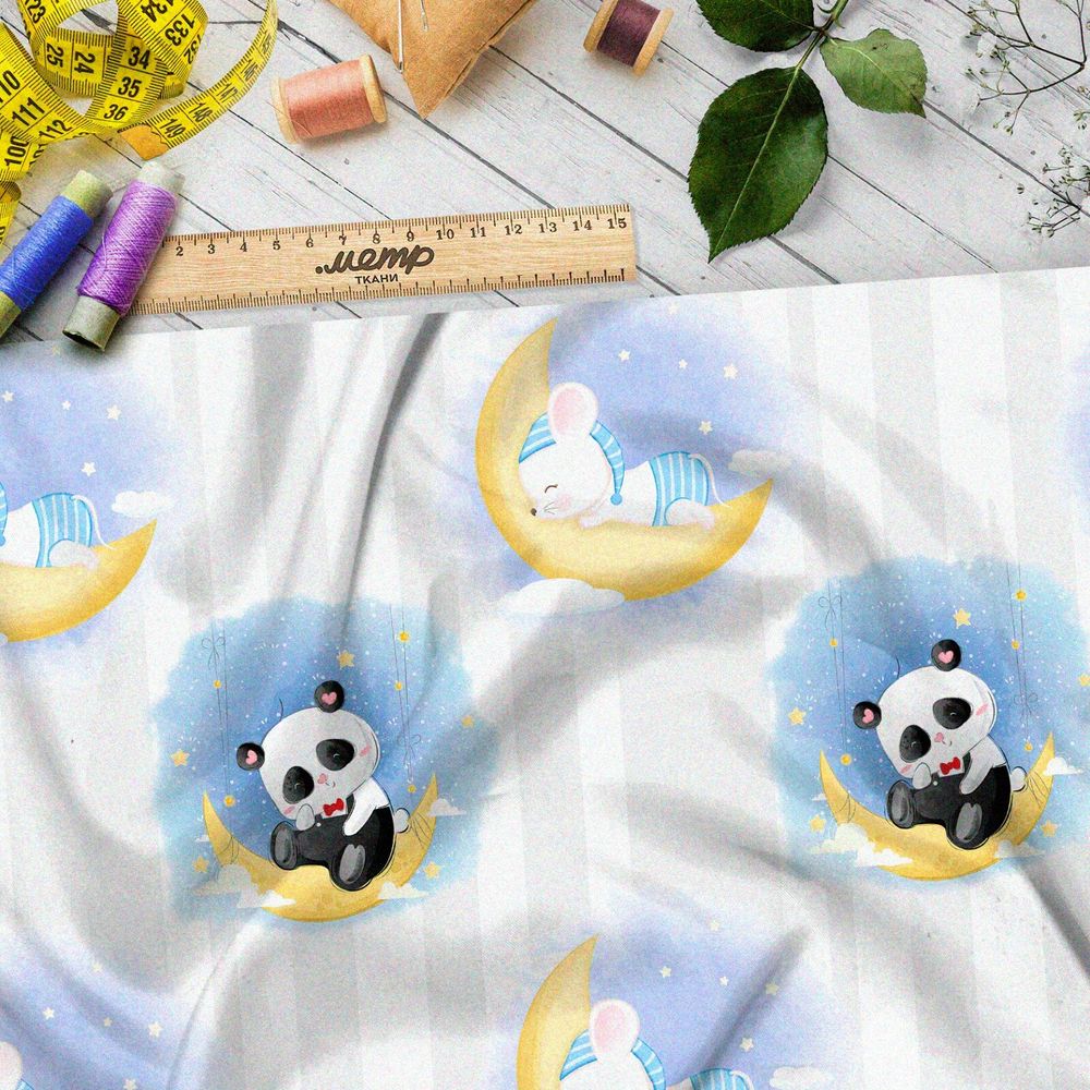 Ткань флис сонные панды и мышки на месяце