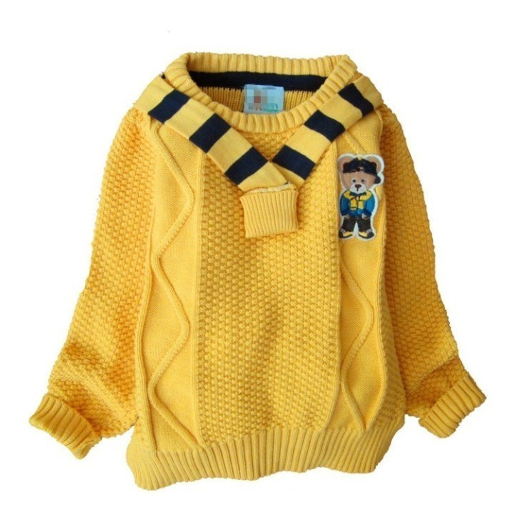 Джемпер с аппликацией медвежонка и имитацией шарфа в полоску