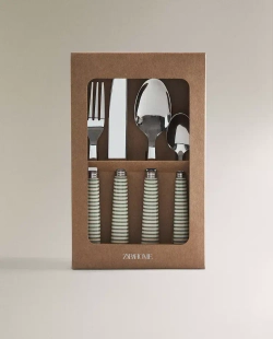 ZARA HOME НАБОР СТОЛОВЫХ ПРИБОРОВ ИЗ 4 ПРЕДМЕТОВ С РУЧКОЙ В ПОЛОСКУ, ЗЕЛЕНЫЙ