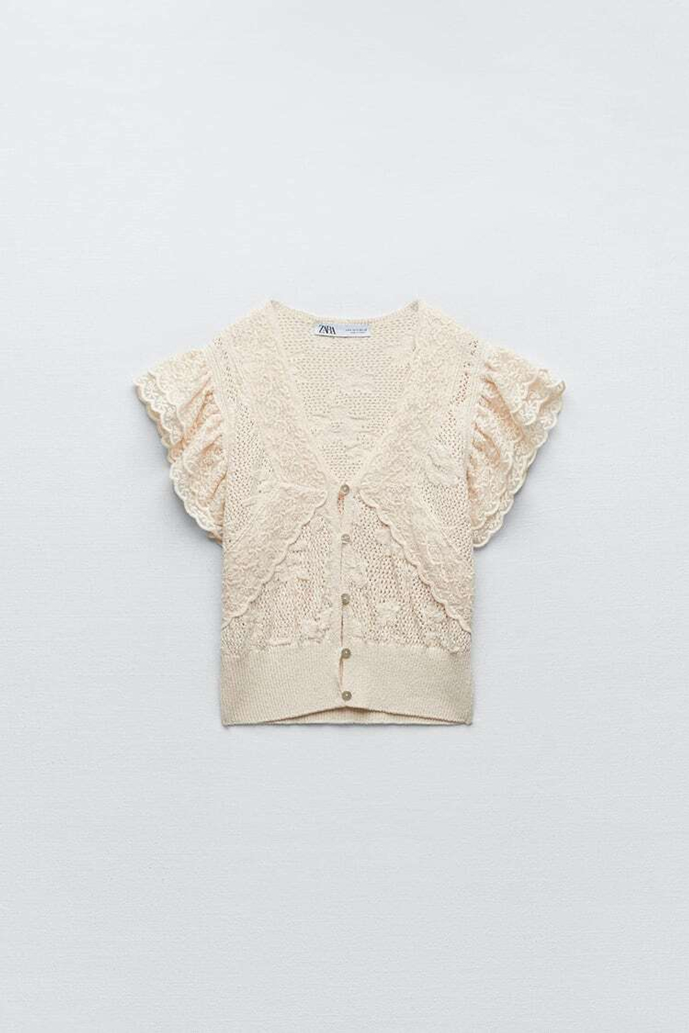 ZARA ТРИКОТАЖНЫЙ КРУЖЕВНОЙ ТОП, ЭКРЮ