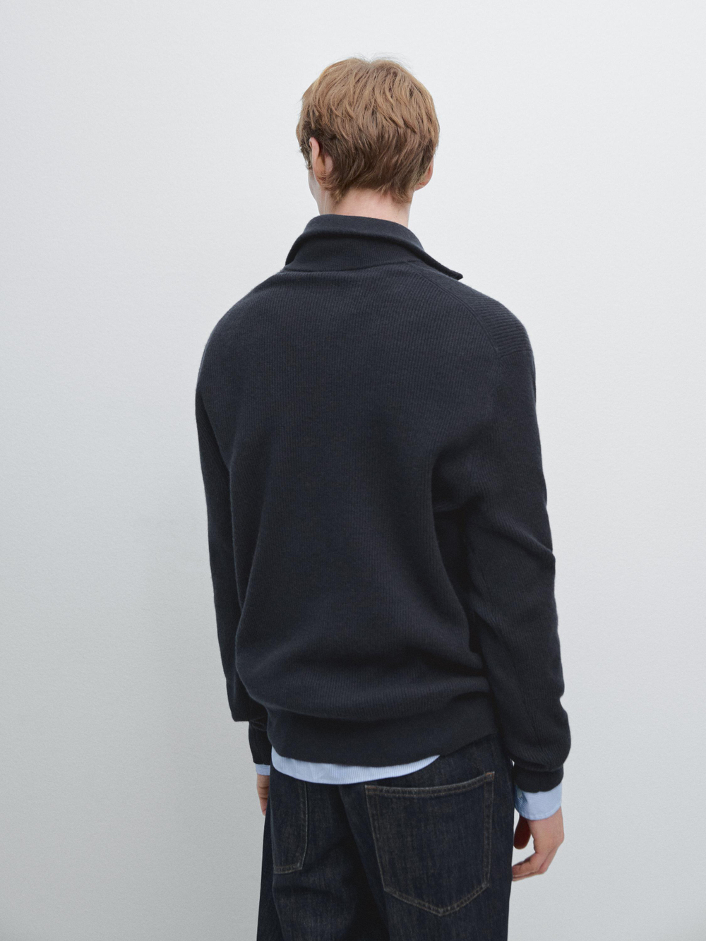 Massimo Dutti Вязаный свитер с воротником-стойкой на молнии, синий