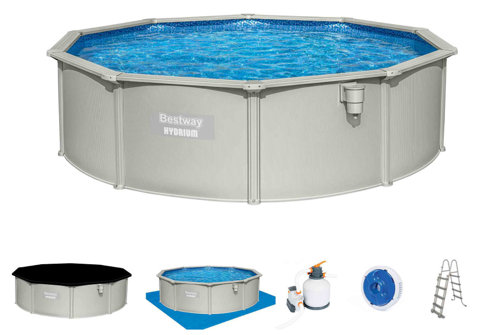 Стальной бассейн Bestway Hydrium Pool Set 460х120 см + песочный ф/насос 5678 л/ч, лестница, тент, подстилка (56384 BW)