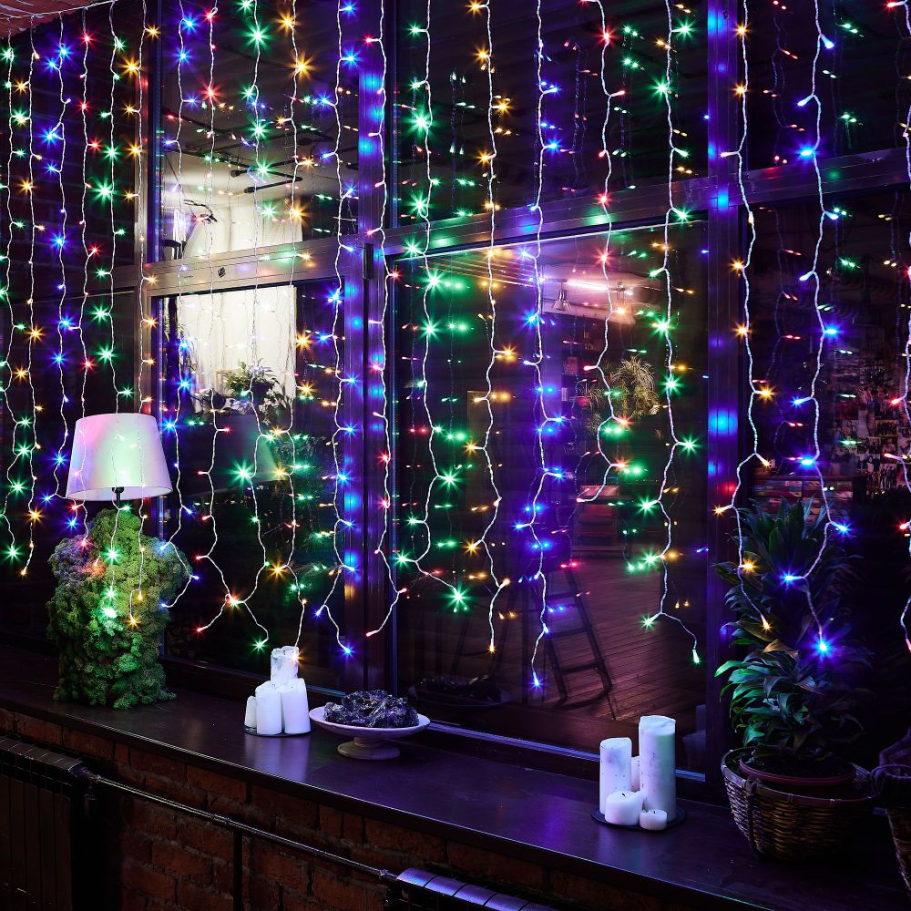 ULD-C3020-384-DTA-RC MULTI IP44 Занавес светодиодный. 3х2м. 384 светодиода. Разноцветный свет. Провод прозрачный. Пульт ДУ в-к. TM Uniel