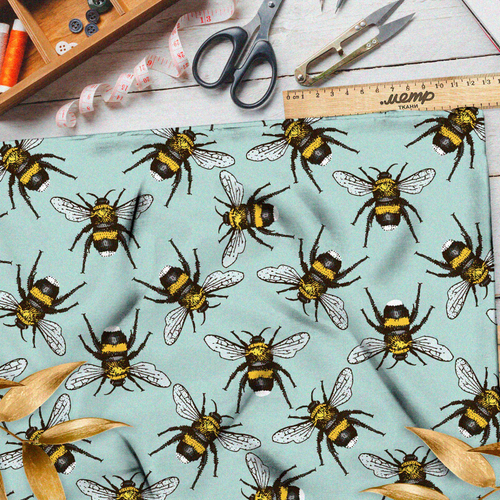 Ткань поплин пчёлы на бирюзовой ткани