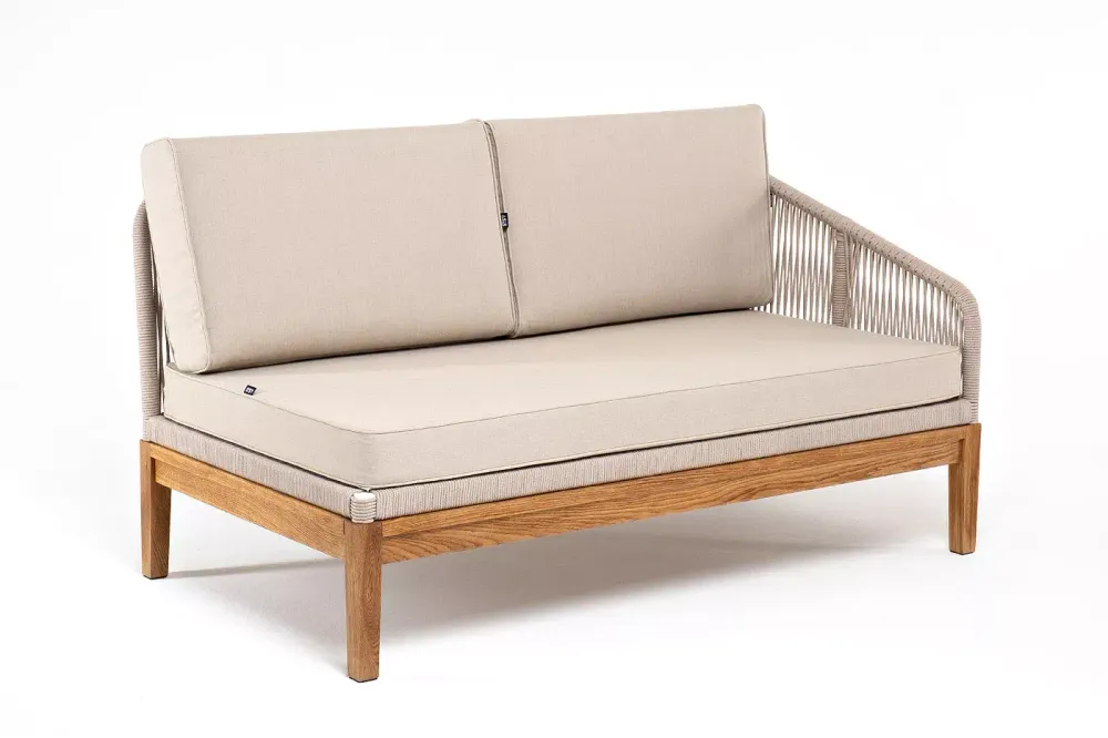 "Канны" левый модуль плетеный из роупа, основание дуб, роуп бежевый круглый, ткань бежевая 052