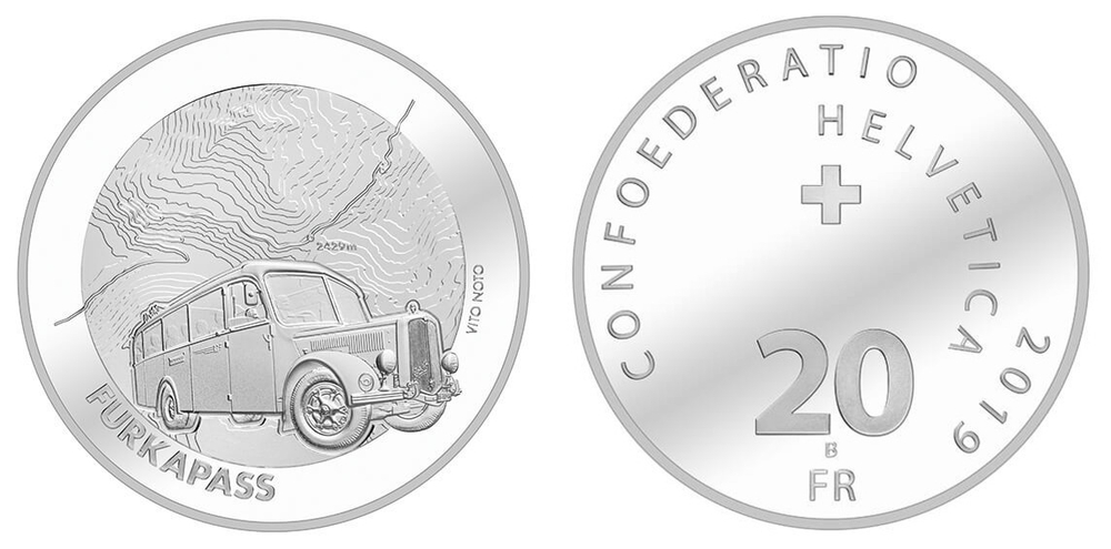 20 франков. Фуркапасс Фурка Высокогорный перевал в Альпах Автобус. Швейцария. Серебро. 2019 год