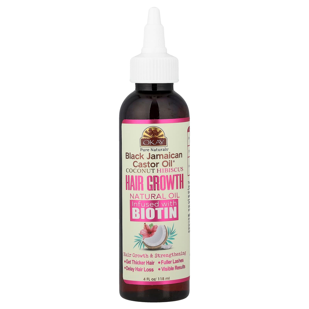 Okay Pure Naturals, Black Jamaican Castor Oil®, натуральное масло для роста волос с кокосом и гибискусом, с биотином, 118 мл (4 жидк. унции)