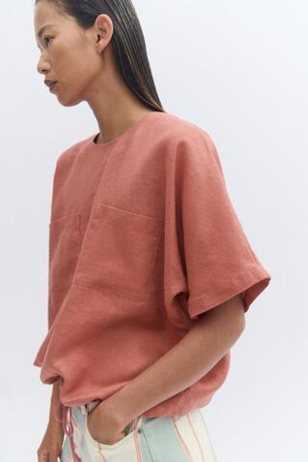 ZARA ЛЬНЯНОЙ ТОП НА ШНУРКАХ — ZW COLLECTION, КОРАЛЛОВЫЙ