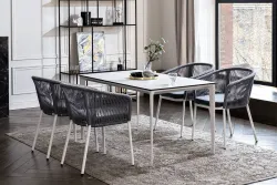 "Малага" обеденная группа на 4 персоны со стульями "Марсель", каркас белый, роуп светло-серый