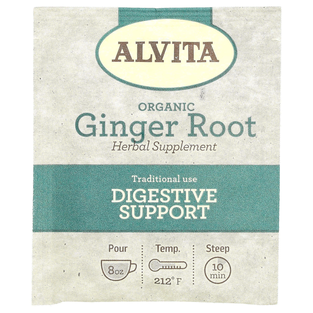 Alvita Teas, органический растительный чай, корень имбиря, без кофеина, 16 индивидуально упакованных чайных пакетиков, 32 г (1,13 унции)