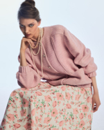 Юбка на шнуровке из розового шелка с авторским принтом