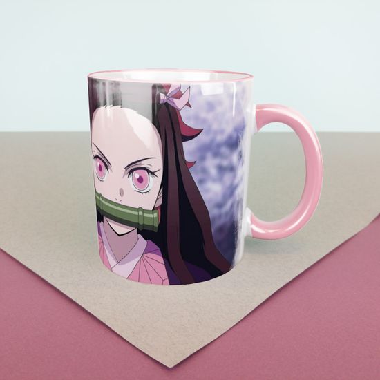 Кружка керамическая объем 330мл, Истребитель демонов "Незуко", (розовая - белая внутри)